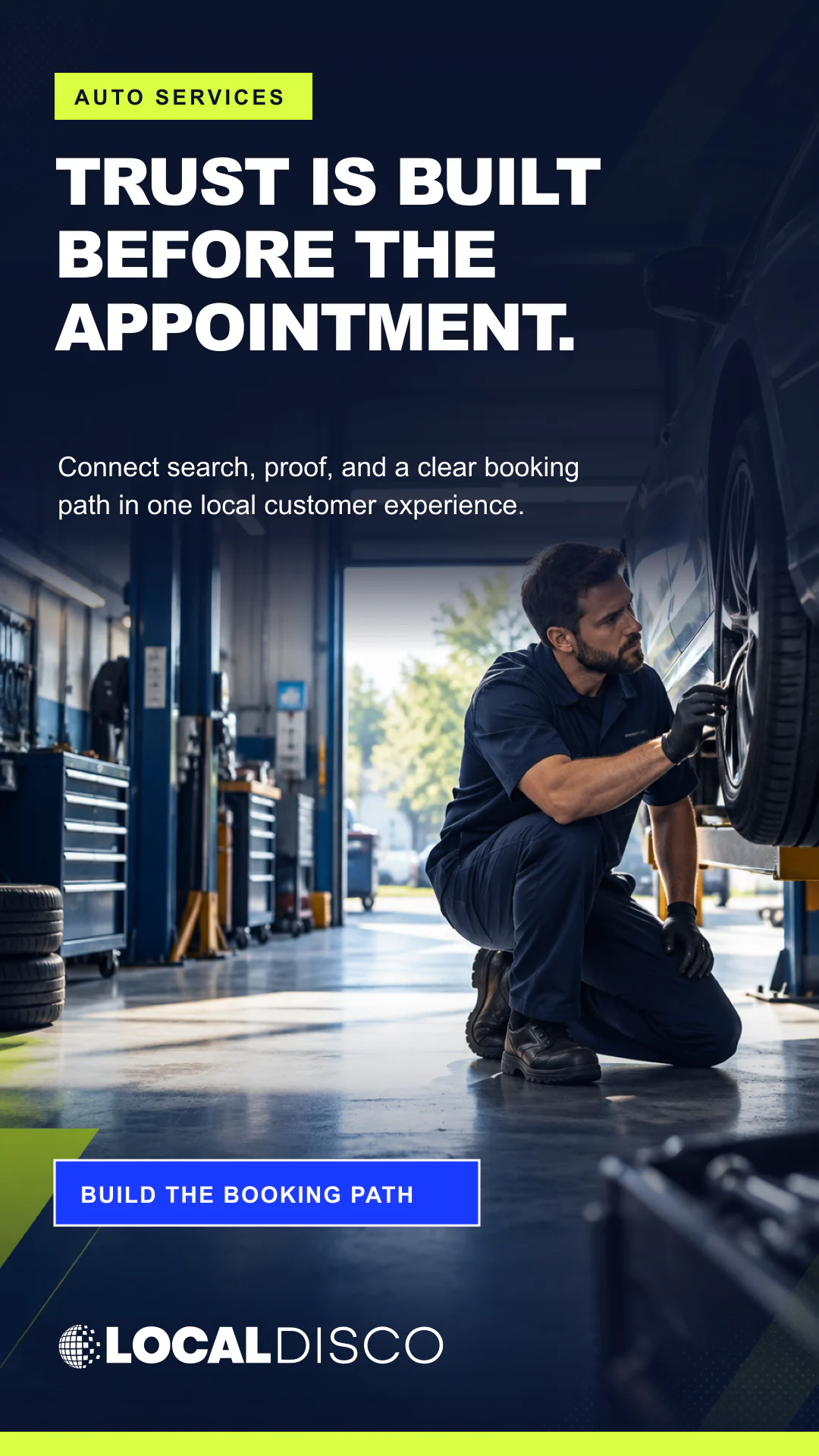 Automotive-services concept showing a technician inspecting a vehicle with a trust-before-booking message.